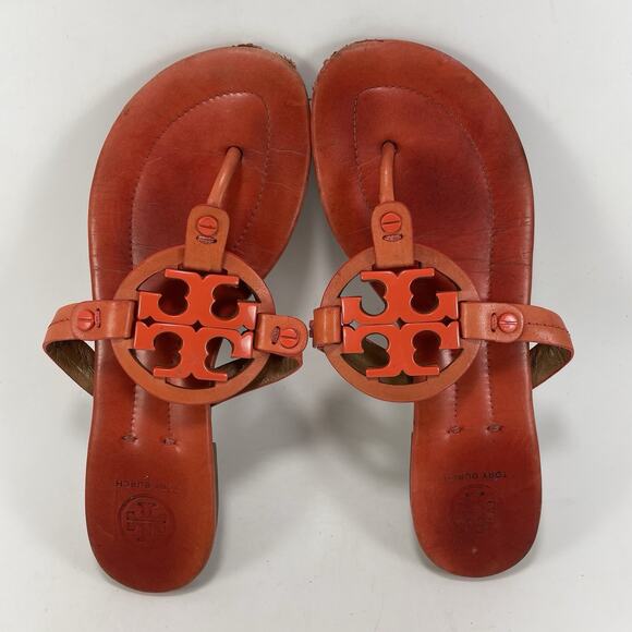 Tory Burch Miller Cloud Logo Sandals Womens Size 6.5 M Orange Leather - Picture 5 of 9